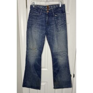 Earnest Sewn Women's Super Low Rise Button Fly Distressed Boot Cut Jeans Blue 30